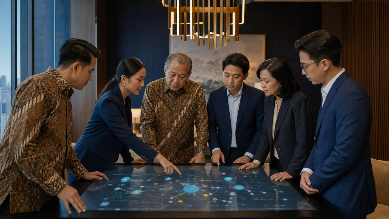 Keluarga bisnis dan pemimpin profesional membaca peta organisasi berbasis data